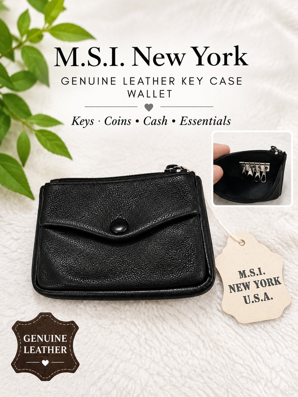 NWT Genuine Leather Key Case Wallet Black M.S.I. New York 6 Hook Coin Purse
